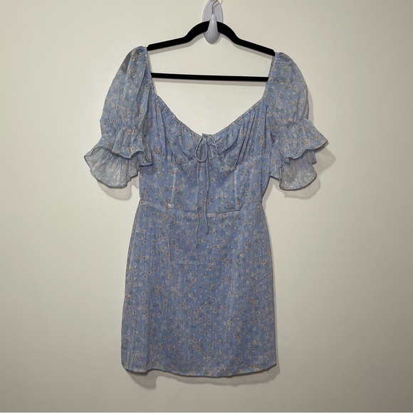 Sabo Skirt Ariana Blue Micro Floral corset puff sleeve mini Dress in size L - Picture 3 of 10